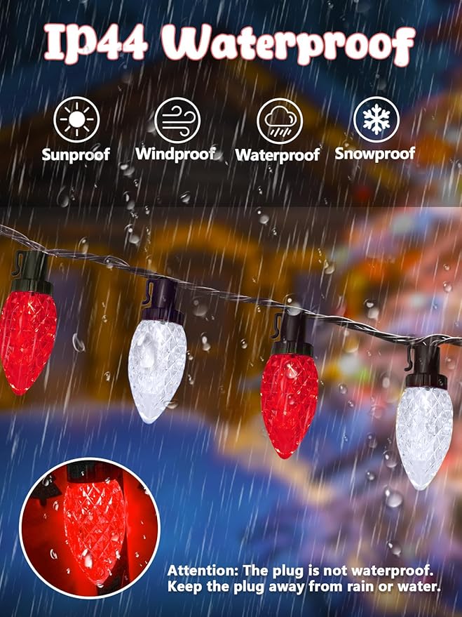 2-Pack Connectable C9 Christmas Lights Outdoor Indoor, 66 FT 100 LED Christmas String Lights Plug in with 8 Modes & Timer, Waterproof Fairy Twinkle Light for Xmas Tree Yard Decorations (Red and White)