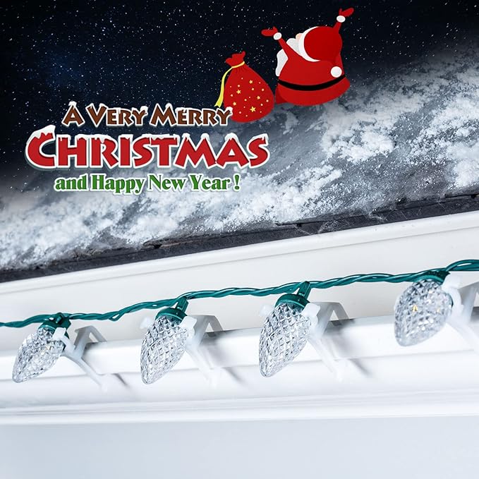 C9 LED Christmas Lights Outdoor, 68 Ft 100 LED String with clips, Waterproof Christmas Tree Lights for Outside Roofline, Garden Decor, Blue & White