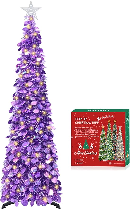 HMASYO 5 FT Pop Up Christmas Tree with Timer Lights, Purple Christmas Tinsel Tree, Collapsible Artificial Pencil Christmas Tree for Indoor Home Apartment Porch Holiday Party Decorations