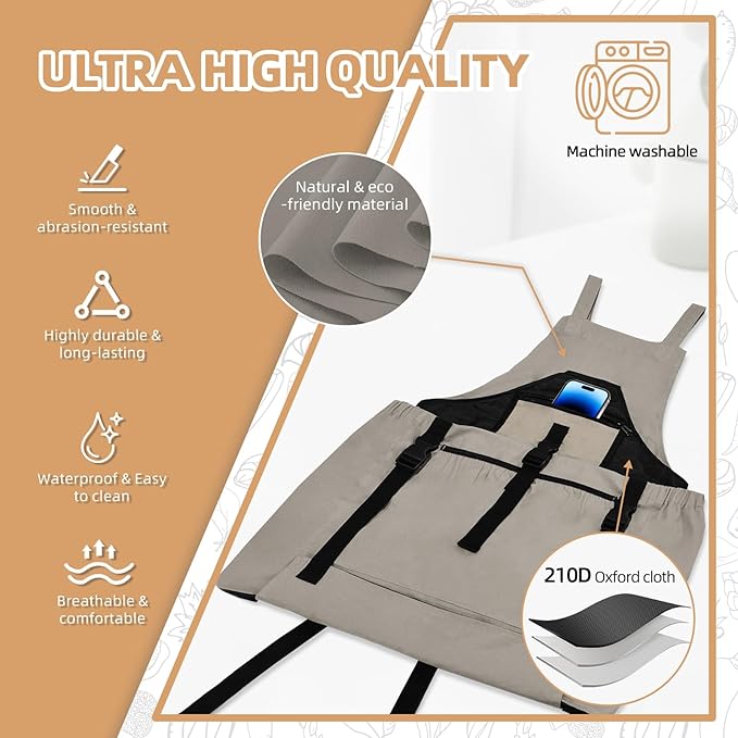 Gardening Apron with Pockets for Women/Man, Canvas Apron with Waterproof Harvest Pouch and Adjustable Straps