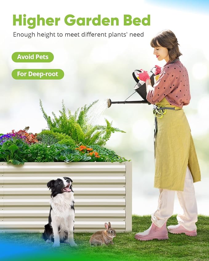 Quictent Galvanized Raised Garden Bed 8x4x2 Ft Tall Metal Planter Box for Vegetables Bottomless for Backyard, 2 Tomato Cages Included, 22.04" Deep, Beige