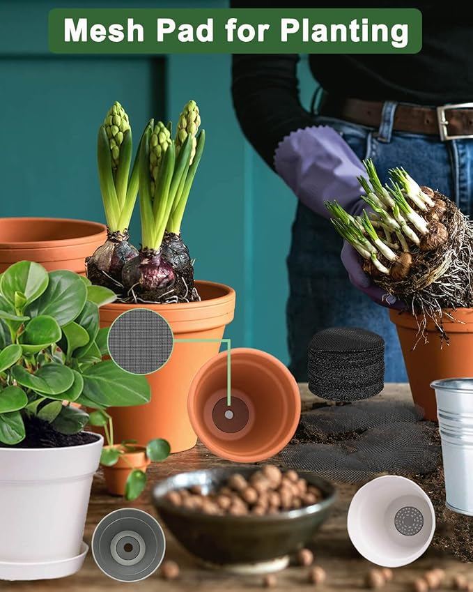 vensovo 200 Pcs Bonsai Pot Bottom Grid Mat Mesh Pad - 2 Inch Plant Pot Screen Gasket with Hot Melt Edge, Rounds Drainage Hole Keep Soil from Flowing Away