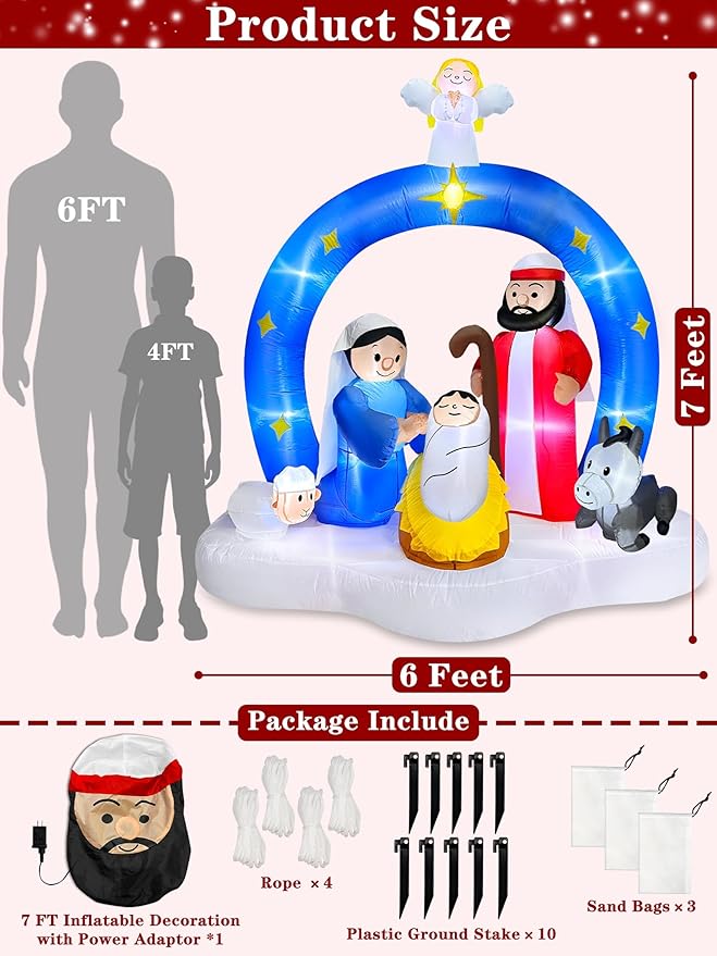 7 Ft Tall Christmas Inflatables Nativity Scene Outdoor Decorations, Light Up Christmas Blow Up Yard Decorations Birth of Jesus Nativity Sets for Xmas Garden Lawn Outside Large Party Decor