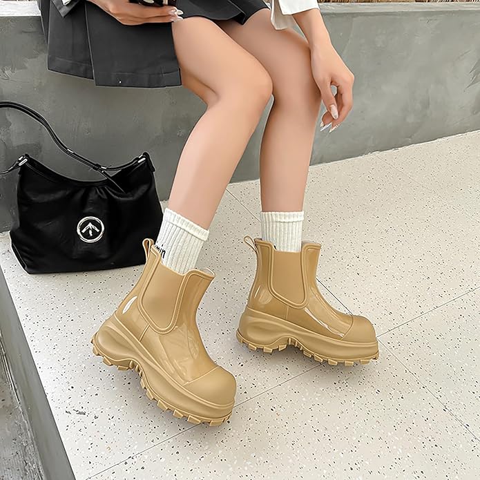 Women'S Waterproof Chunky Platform Chelsea Rain Boots Fashion Big Toe Comfort Slip-On Block Heel Outdoor Garden Work Ankle Boots Casual Lug Sole Non-Slip Combat Booties