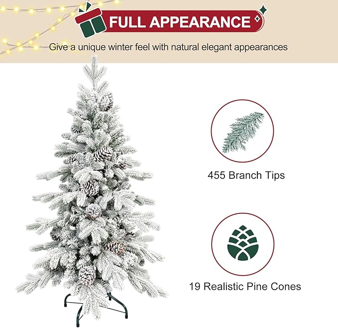 4 FT Snow Flocked Christmas Tree with 455 PE&PVC Mixed Branch Tips,Unlit Artificial Skinny Pencil Christmas Tree with 19 Pine Cones,Hinged Premium Xmas Slim Fir Trees for Home,Office,Party Decoration