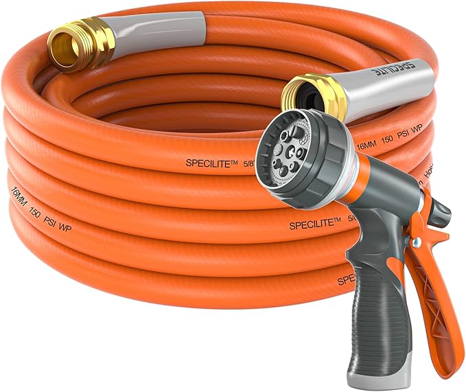 Garden Water Hose 25 ft x 5/8 in Heavy Duty, Flexible and Lightweight, Burst 600 psi, Kink-less Hybrid Rubber Pipe for Backyard, 3/4'' Brass Fittings, Orange