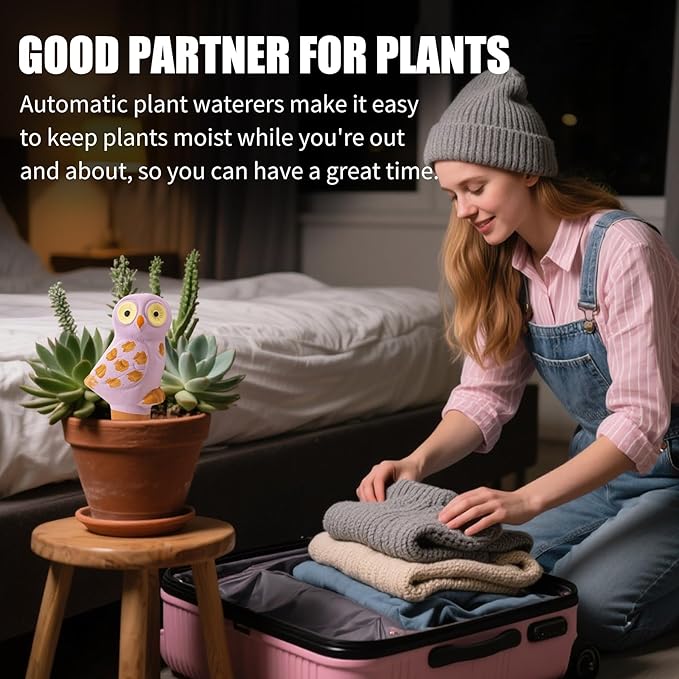 4 Pack Handmade Terracotta Owl Watering Spikes and Globes, Self-Watering Plant Devices with Slow Release System for Continuous Moisture, Perfect Water Bulbs for Indoor and Outdoor Plants Vacation Use