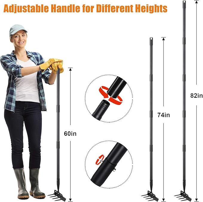 Garden Hoe Tool - Heavy Duty 2 in 1 Hula Scuffle Hoes with Cultivator Tiller for Weeding Grass,Loosening Soil,Sharp Blade,36-60” Long Handle,Push Pull Action Hoe with Scraper Rake for Gardening