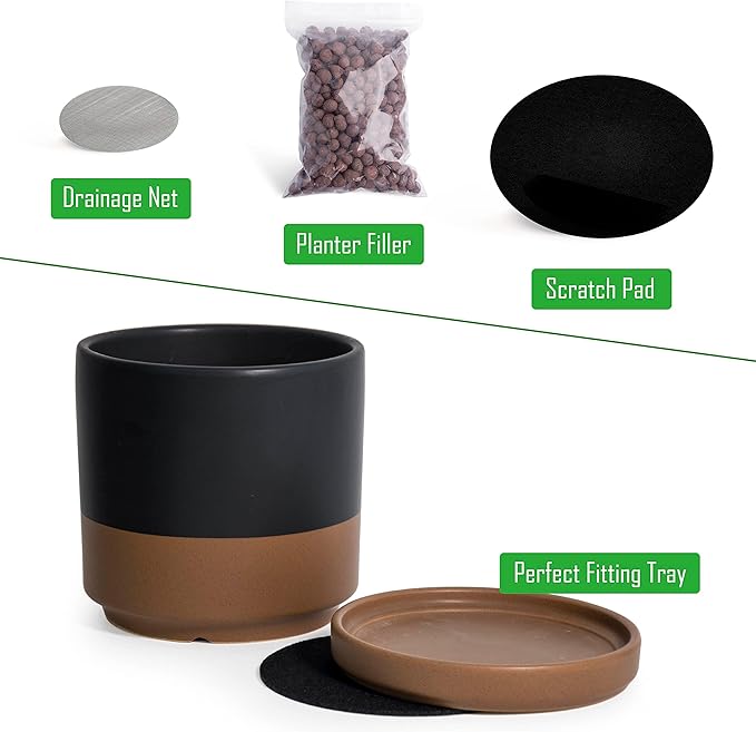 D'vine Dev 8 Inch & 10 Inch Ceramic Planter Pot for Plants with Drainage Hole and Saucer, Large Plant Pots Set, Black/Speckled Tan, 94-G-L-7