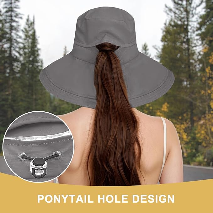Sun Hats for Women Wide Brim Ponytail UV Protection Beach Hat Packable Waterproof Bucket Hat for Travel Hiking Gardening