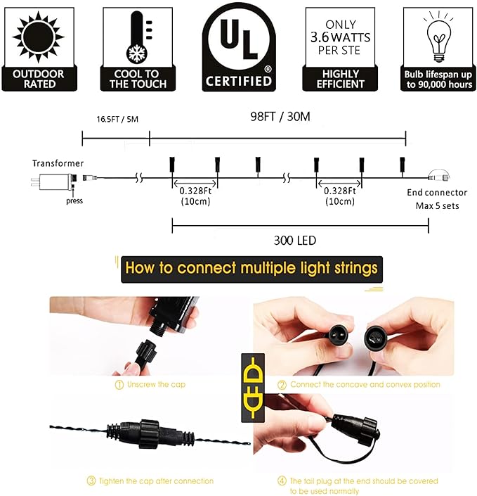 kemooie 300 LED Outdoor Christmas Lights, 99FT 8 Lighting Modes Plug in Green Wire Fairy Lights for Indoor Outdoor Christmas Tree Lights Wedding Party Decoration (White)