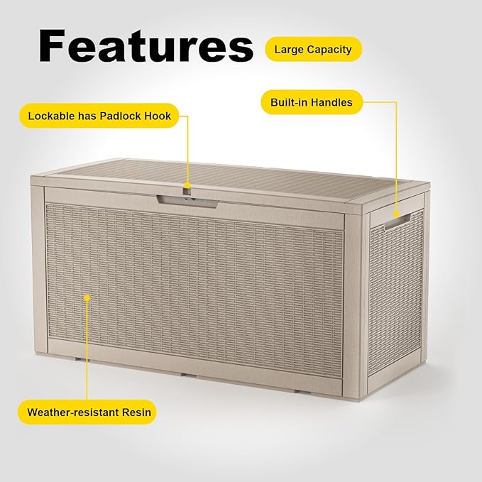 EasyUp 102 Gallon Outdoor Storage Box Waterproof, UV Resistant Resin Deck Box with Hydraulic Rod, Lockable Design and Enhanced Durability for Patio, Garden, and Poolside Use
