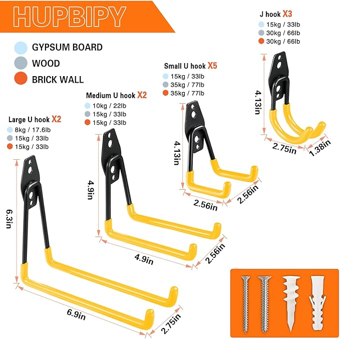 12 Pack Garage Hooks Heavy Duty Utility Steel with Anti-Slip Coating Wall Mount Storage Organizer for Hanging Power and Garden Tools, Ladders, Hose, Bikes, Ropes, Bulk Items, and More