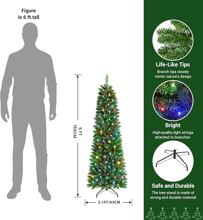 SHareconn 5.5ft Prelit Artificial Hinged Slim Pencil Christmas Tree, with Remote Controlled Multi-Color RGB Lights, Perfect Choice Decoration for Xmas Holiday, 5.5 FT, Green