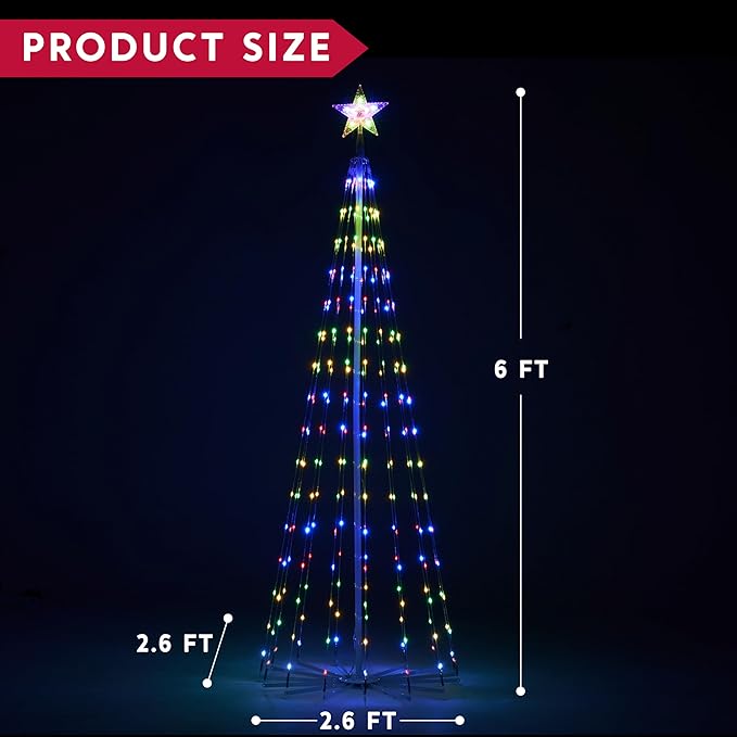 JOIEDOMI LED Christmas Cone Tree Lights, 6FT Outdoor Lighted Tree with 8 Lighting Modes & Star Topper, Christmas Decorations for Yard Porch Patio Garden Holiday Decor, Warm White