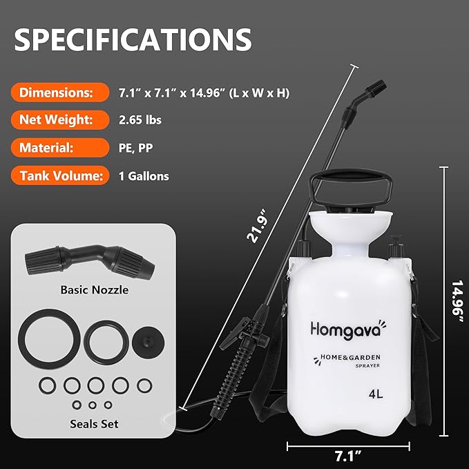 1 Gallon/4L Pump Sprayer, Pressurized Water Spray Bottle with 2 Nozzles, Adjustable Shoulder Strap & Safety Valve, Lawn and Garden Sprayer for Watering, Fertilizing, Cleaning