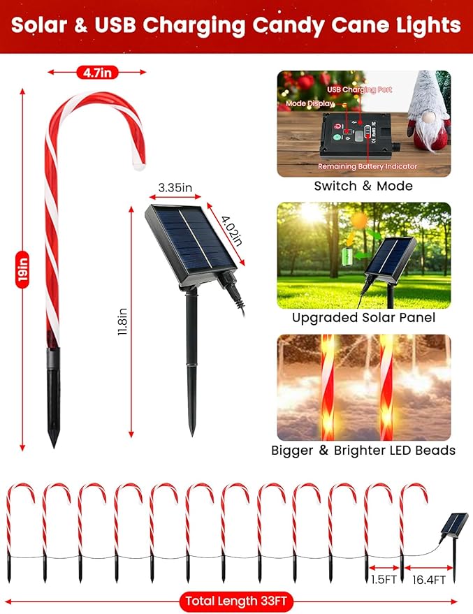 Upgraded 24 Pack Candy Cane Solar Christmas Lights Waterproof, Rechargeable Pathway Lights with Remote, Solar Powered & USB Charging Christmas Decorations Outdoor for Garden Lawn Yard Party