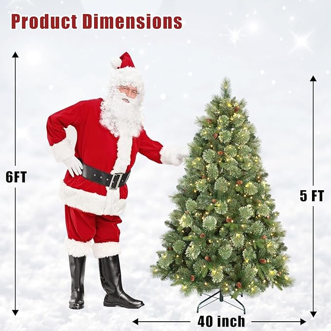 Kadunmina 5ft Prelit Christmas Tree, Artificial Carolina Pine Christmas Tree with 290 Warm White Lights, Pine Cones, 647 Branch Tips and Metal Stand for Home, Office, Holiday Party Decoration