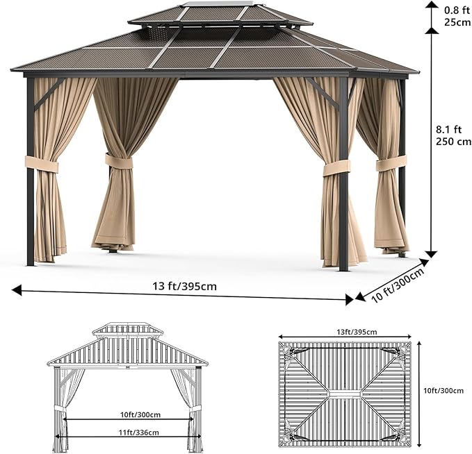 10X13FT Outdoor Hardtop Gazebo with Aluminum Frame, Heavy-Duty Double Roof Polycarbonate Gazebo Including Mesh Netting and Sunshade Curtains, for Patios, Terraces, Lawns, Decks, Brown + Khaki