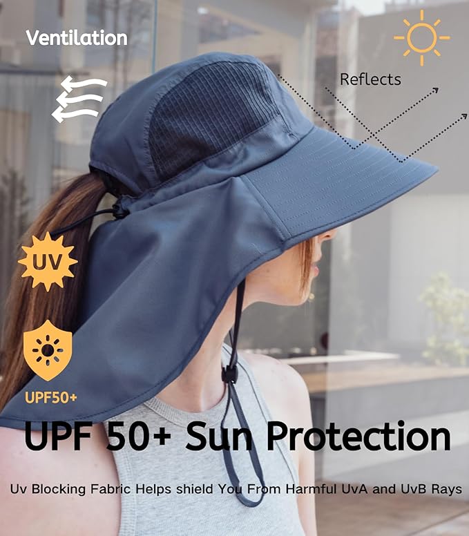 UV Sun Protection Hat Women Foldable Neck Flap Wide Brim Fishing Hat with Ponytail Hole for Women