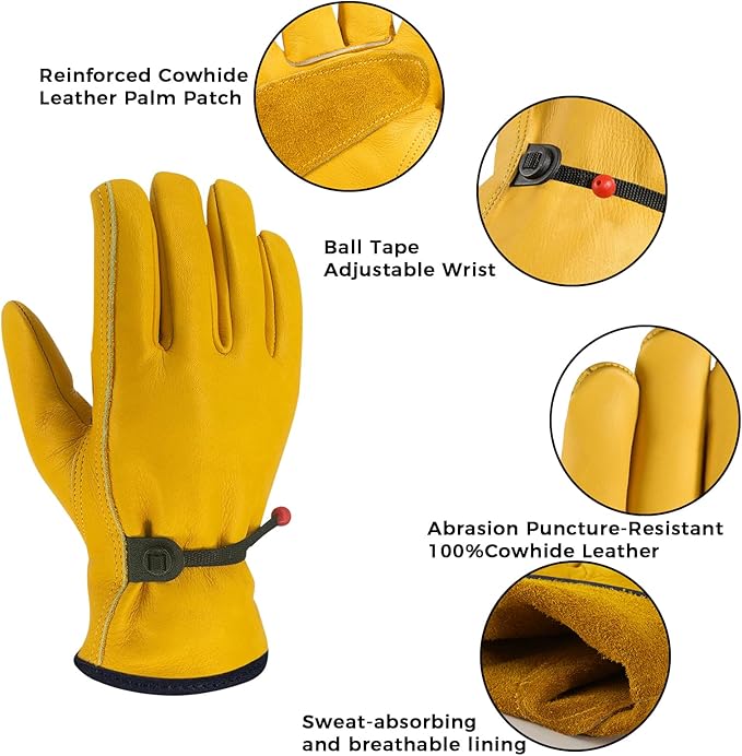Leather Work Gloves, Reinforced Durable Gardening Gloves,Cowhide Work Gloves,Puncture & Cut Resistant