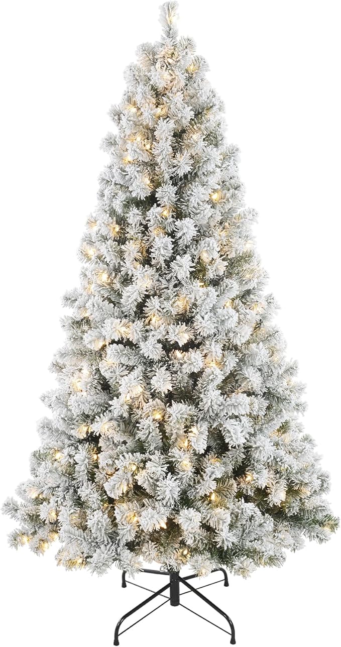 6ft Flocked Christmas Tree with 250 Warm White Lights, Frosted Artificial Tree with 820 Snowy Branch Tips, Metal Stand & Foldable Base - Ideal for Home, Office, Party, or Holiday Decor