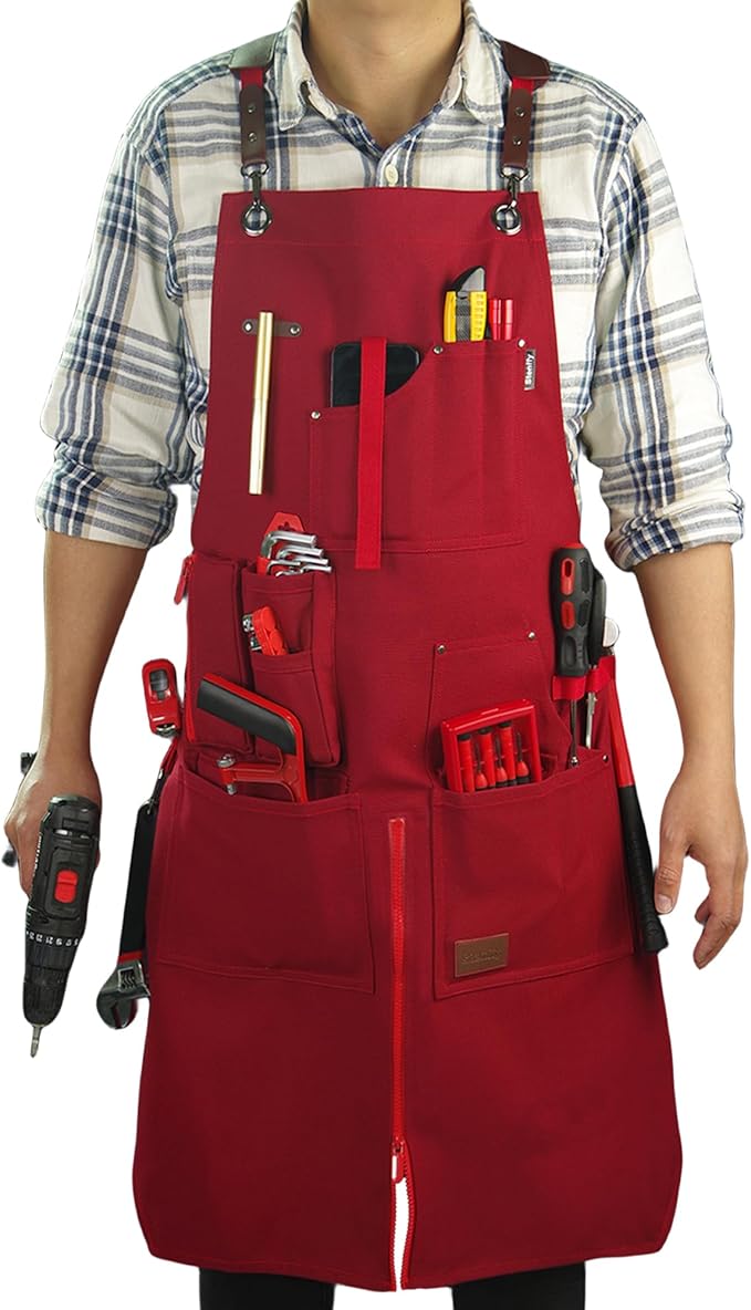 Woodworking Apron, Tool Apron, Canvas, Multiple Pockets, Adjustable Zipper, Metal Ring, Tape Measure Clip, Plus Size, Red