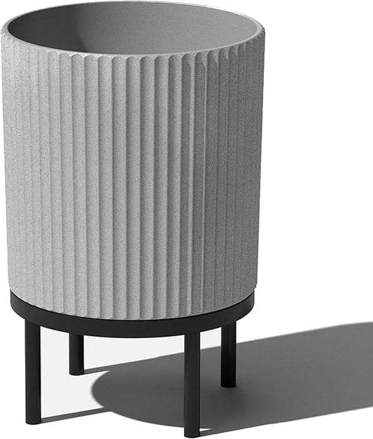 Veradek Demi Series Round Planter w/ Stand for Porch/Patio | Durable Plastic-Concrete & Wooden Stand | Modern Décor for Tall Plants, Flowers