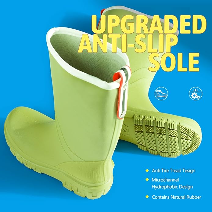 Women's Ankle Rain Boots - Slip On Waterproof Festival & Garden Shoes for Men - Comfortable Lightweight Rubber Wellies with Decorative Buckle