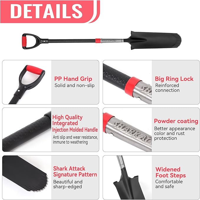 SHARK ATTACK Spade Shovel, 43in Heavy Duty Drain Spade for Digging, Ergonomic No-Slip H-Grip Handles, Oversized Steps and D Handle for Gardening, Land Management, Yard Work, Farming and Transplanting