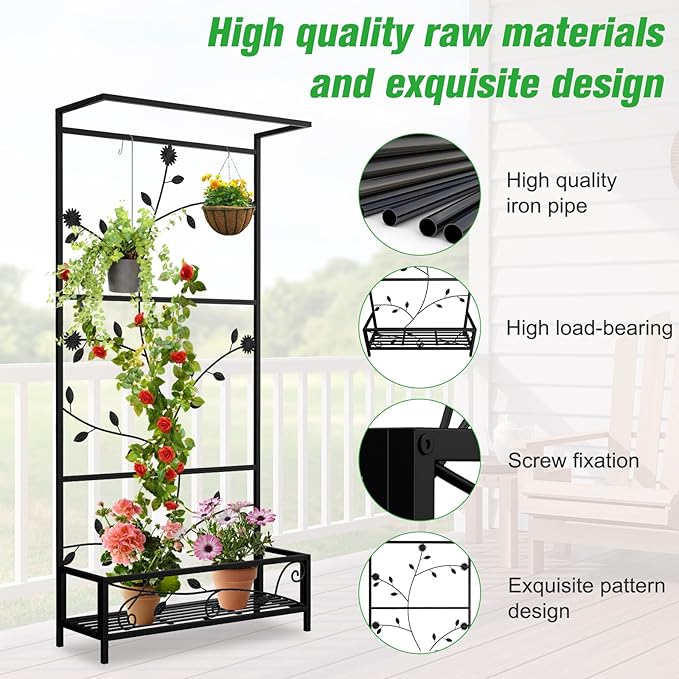 MOTION Metal Planter with Trellis - Raised Bed with Trellis for Vine Climbing Plants Flowers, 74.6 Inch Height Privacy Screen with Hanging Plant Pot Shelf, Black