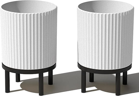 Veradek Demi Series Round Planter w/Stand for Porch/Patio | Durable Plastic-Stone Composite & Wooden Stand | Modern Décor for Tall Plants, Flowers