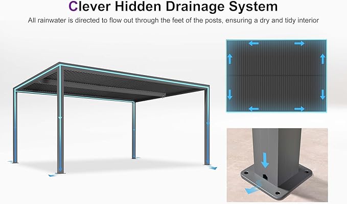 PURPLE LEAF Louvered Pergola 12' x 16' Outdoor Retractable Modern Hardtop Full Aluminum Pergola with Adjustable Rainproof Roof and 24 White LED String Lights for Patio Deck Backyard Slate Grey