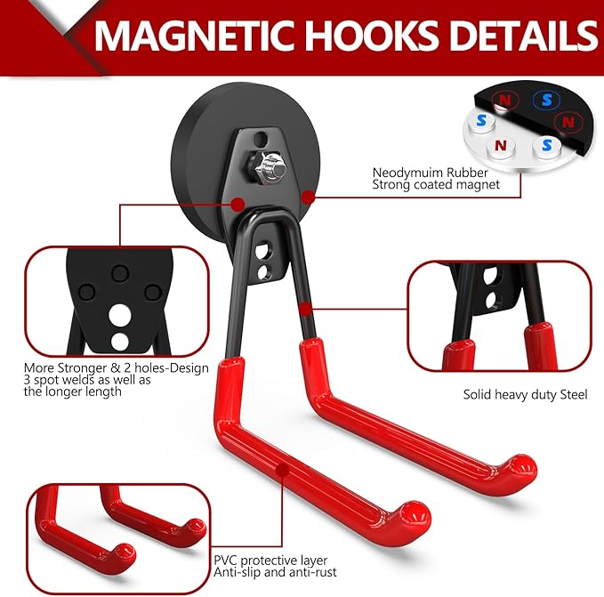 3-H Heavy Duty Magnet Garage Hooks 4 Pack, Extra Large Strong Magnetic Hooks for Hanging Cordless Power Drill, Utility Magnetic Tool Holder for Metal Cabinet, Steel Pegboard, Toolbox, Garage(Red)