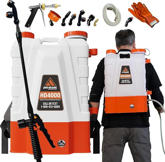 PetraTools Battery Powered Backpack Sprayer 4 Gallon - 6 Hours Long Battery Life & Padded Straps for Comfort - HD4000 Electric Backpack Garden Sprayer with 8 Spray Nozzles & 90PSI Pump (HD4000 ProKit)