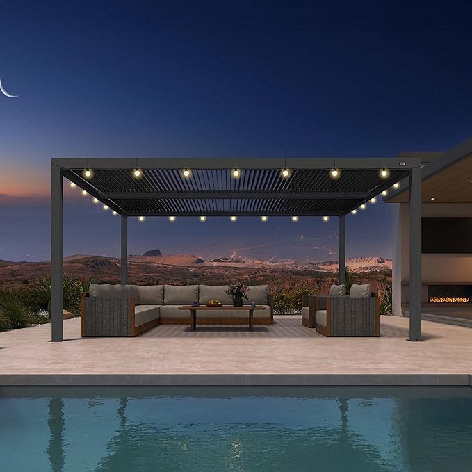 PURPLE LEAF Louvered Pergola 12' x 16' Outdoor Retractable Modern Hardtop Full Aluminum Pergola with Adjustable Rainproof Roof and 24 White LED String Lights for Patio Deck Backyard Slate Grey