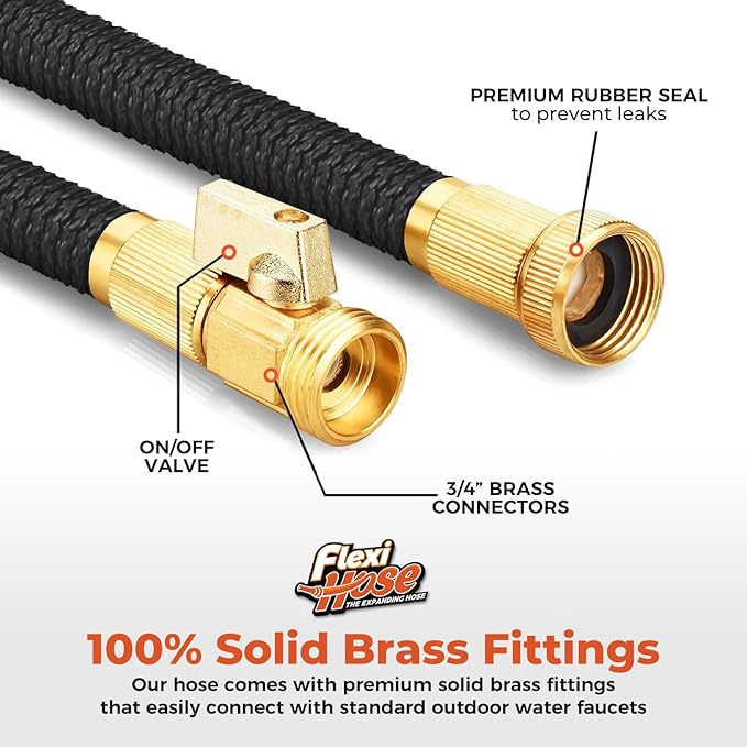 Flexi Hose Lightweight Expandable Garden Hose, No-Kink Flexibility, 3/4 Inch Solid Brass Fittings and Double Latex Core (75 FT, Black)