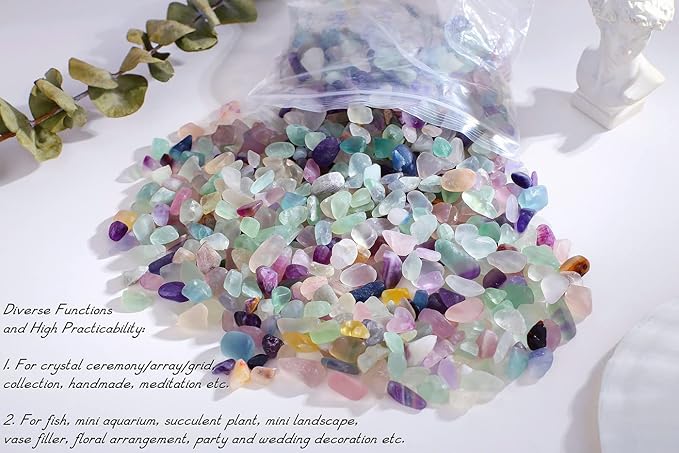 QINJIEJIE 1.5lbs 680g Fluorite Crystal Gravel Stones Tumbled Stone Polished Rocks Colorful Crushed Reiki Healing Quartz Home Decoration Aquarium Tank Succulent Vase Filler Landscape Bottom Ornament