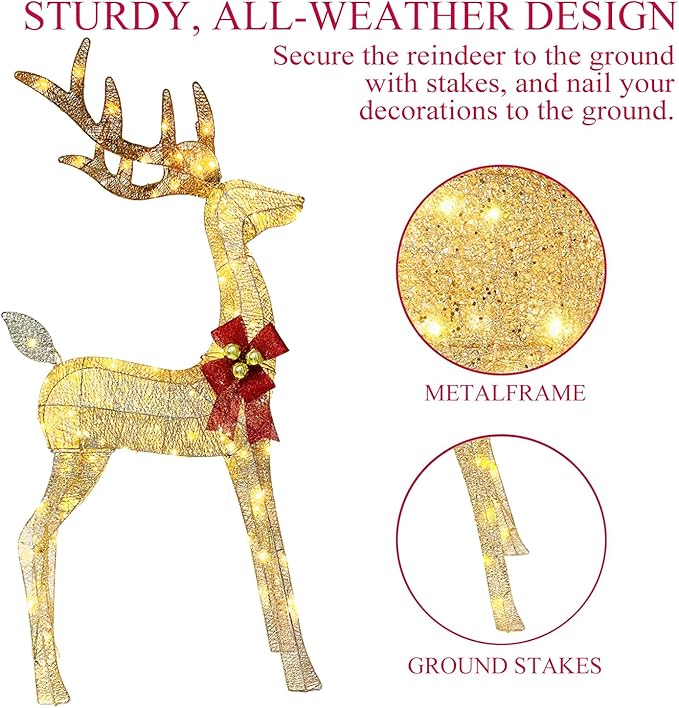 4ft Outdoor Lighted Reindeer Christmas Decorations, 3-Piece Reindeer Family Set with 240 LEDs, Bells, Red Bows, Durable Weatherproof Metal Frame for Yard, Garden, Indoor Holiday Decor, Gold