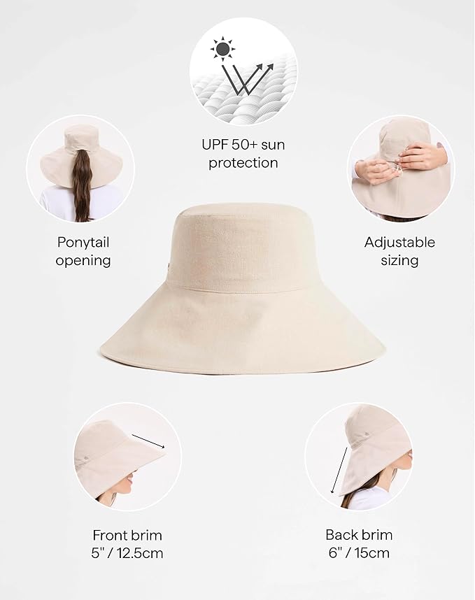 Solbari Women’s Ultra-Wide Cotton Linen Sun Hat UPF 50+, Packable, Adjustable with Ponytail Hole for Travel, Beach & Outdoors