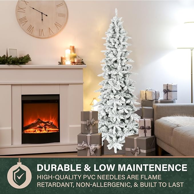 Fraser Hill Farm 6.5-Ft Slim Mountain Pine Flocked Artificial Christmas Tree with Stand, Unlit Foldable Skinny Fake Tree with Realistic Snowy Foliage, Holiday Décor Greenery for Winter Decoration