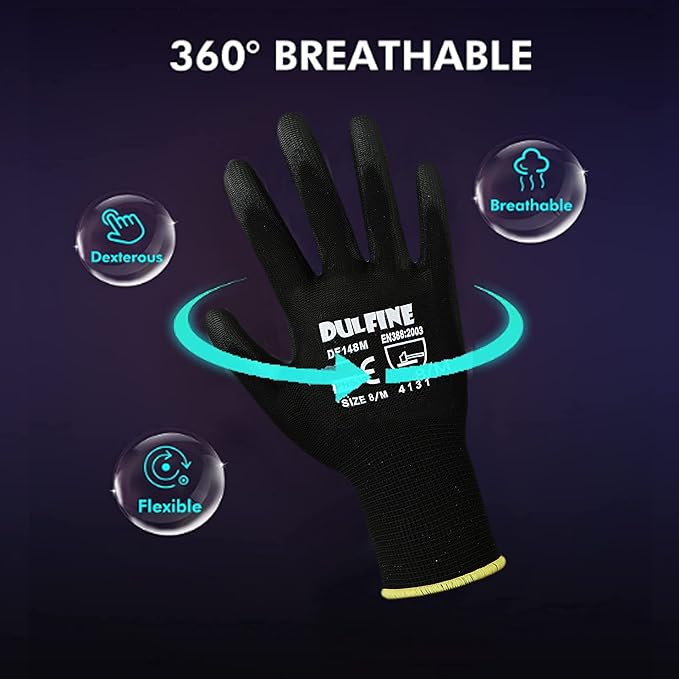 Ultra-Thin PU Coated Work Gloves-60 Pairs,Excellent Grip,Nylon Shell Black Polyurethane Coated Safety Work Gloves, Knit Wrist Cuff,Ideal for Light Duty Work. (Medium)