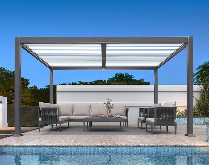 PURPLE LEAF Louvered Pergola 10' x 14' Outdoor Aluminum Pergola with White Adjustable Rainproof Roof Grey Frame Hardtop Gazebo for Patio Deck Garden