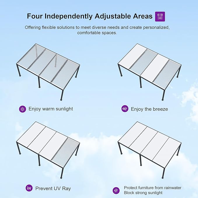 PURPLE LEAF Louvered Pergola 12' x 24' Outdoor Aluminum Pergola with Hidden Drainage System and Adjustable Patio Hardtop Oversized Pergolas with String Lights for Poolside Outdoor Kitchen Banquet