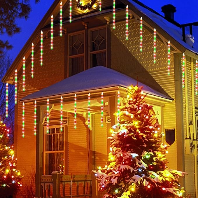24 Tubes Meteor Shower Lights, Outdoor Icicles Christmas Decor, 12 Inch 864 LED Snow Falling Iciclelights, Connectable Raindrop, Xmas Wedding Party Tree Holiday, Red & Green