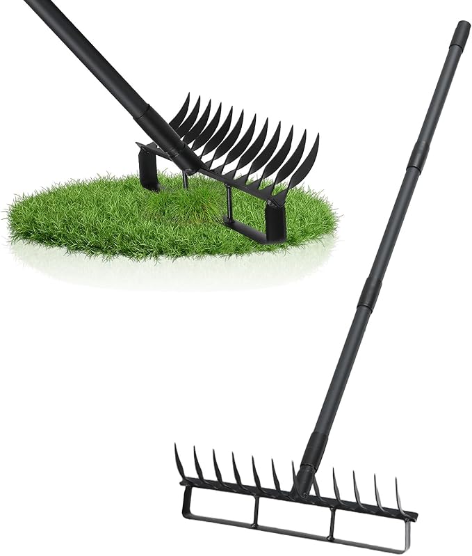 76.8" Hula Garden Hoe and 12 Tines Rake 2-in-1 Garden Tool for Weeding, Garden Cultivator with Adjustable Long Handle Heavy Duty Weed Puller Stirrup Hoe for Ditching, Seeding, Loosening Soil