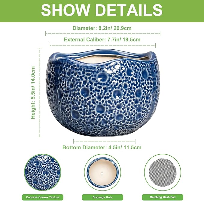 Ceramic Pots for Plants - 8 Inch Round Planter with Drainage Hole, Round Decorative Plant Pots for Indoor Outdoor, Modern Unique Flower Pot, House Living Room Decor, Home Gifts, Blue