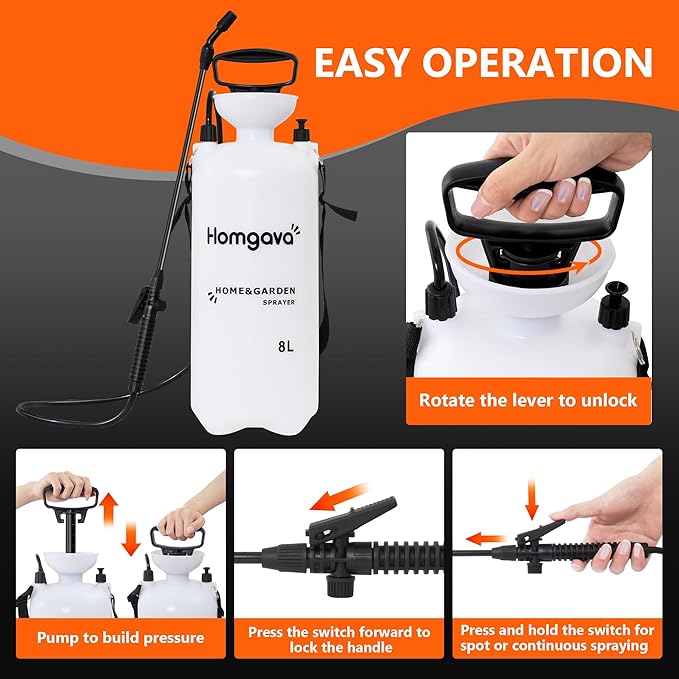 2.1 Gallon/8L Pump Sprayer, Pressurized Water Spray Bottle with 2 Nozzles, Adjustable Shoulder Strap & Safety Valve, Lawn and Garden Sprayer for Watering, Fertilizing, Cleaning