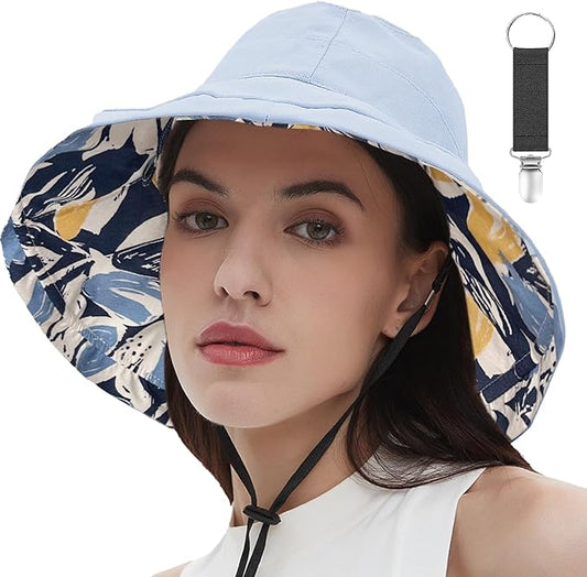 vidsel Womens Sun Hats Wide Brim Reversible Bucket Cotton Hat Packable Summer Travel Cap with Hat Clip,UV Protection