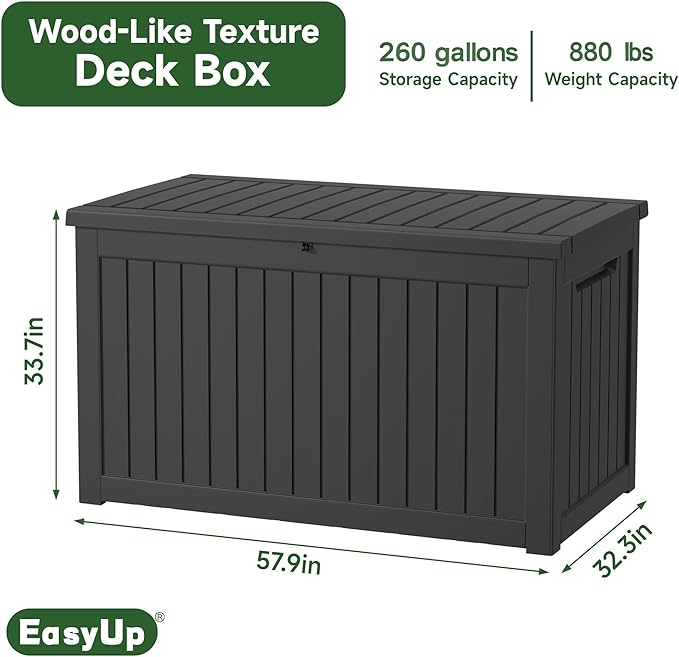 EasyUp 260 Gallon Outdoor Storage Box Waterproof, UV Resistant Resin Deck Box with Hydraulic Rod, Lockable Design and Enhanced Durability for Patio, Garden, and Poolside Use